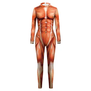 3D human muscle anatomy print bodysuit with high-stretch fabric and mock neck