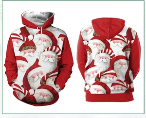 Vista detallada frontal y trasera de sudadera roja con capucha y motivos navideños