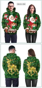 Detalle de sudadera navideña con estampado de Papá Noel y patrón de reno dorado brillante