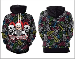 Vista detallada frontal y trasera de sudadera negra de Navidad con Papá Noel y calavera
