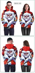 Vista detallada de la sudadera con capucha impresa en 3D de Papá Noel con frente y espalda