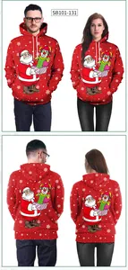 Vistas detalladas de las sudaderas rojas navideñas con estampados de Papá Noel para parejas