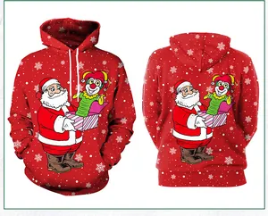 Vista frontal y trasera de la sudadera roja de Navidad con Papá Noel y patrones de copos