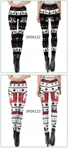 Detail view of high elasticity Christmas leggings with reindeer and snowflake prints