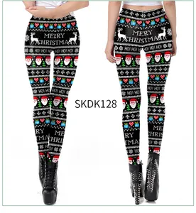 Detailed view of Christmas leggings with reindeer, Santa patterns and festive prints