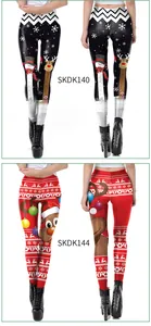 Close-up of festive Christmas leggings with reindeer and snowflake holiday prints