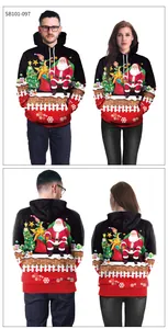 Detailed front and back view of Christmas hoodie with reindeer and Santa Claus print