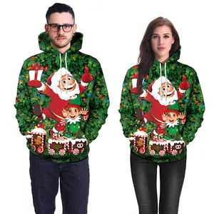 Sudaderas navideñas a juego con estampado de Papá Noel y motivos festivos en verde