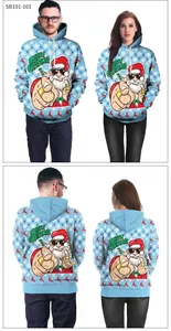 Front and back views of a light blue Christmas hoodie with Santa and reindeer prints