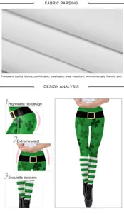 Detail view of St. Patrick’s Day leggings showing green clover print and fabric texture