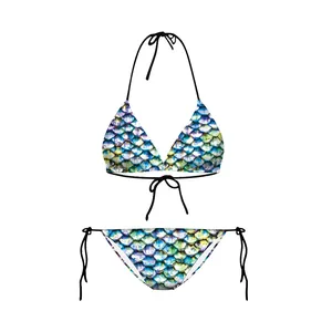 Detail of mermaid scale bikini with vibrant 3D digital print and black adjustable ties
