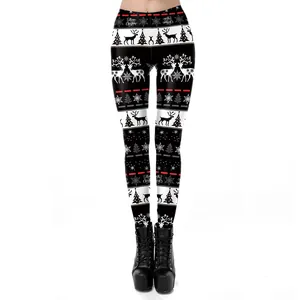 Women Christmas Leggings High Waist Slim Fit Festive Reindeer Snowflake Printed Yoga Pants Stretchy Holiday Party Trousers