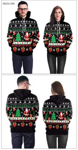 Detail of Christmas hoodie with reindeer and tree prints featuring a hood and drawstrings