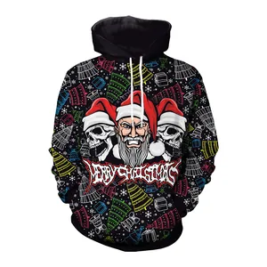 Sudadera con capucha de Navidad estilo oscuro con Papá Noel furioso, calaveras y texto