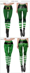 Detailed model views of St. Patrick's Day leggings with green shamrock and stripe patterns