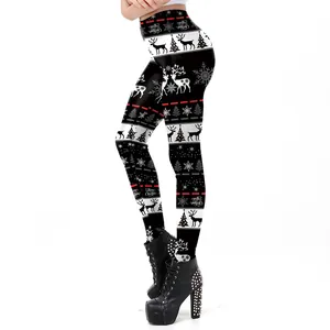 Women's Christmas leggings featuring reindeer and snowflake prints with red stripes