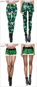 Detailed front and back views of St. Patrick's Day shamrock print leggings and festive shorts