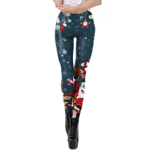 Leggings navideños de cintura alta para mujer con estampados de Papá Noel y renos azul