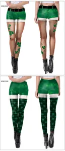 Detail view of St. Patrick's Day leggings featuring green clover prints and buckle belt design