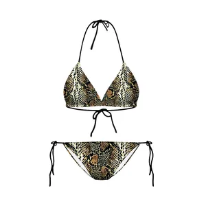 Close-up of the detailed snake skin print texture on this two-piece bikini swimsuit set
