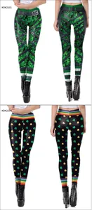 Detailed front and back views of St. Patrick's Day leggings with clover and rainbow patterns