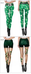 Detail view of Saint Patrick's Day leggings with green shamrock and lace digital prints
