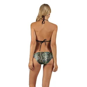 Detail of snake skin print bikini bottoms with adjustable side ties and back view