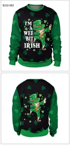 Dettaglio fronte e retro della felpa di San Patrizio con stampe di leprechaun e trifogli
