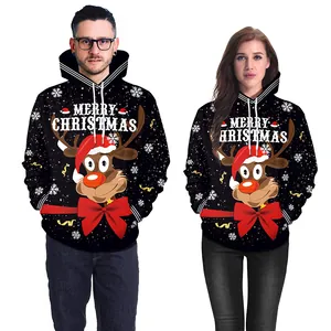 Matching Christmas hoodies with reindeer print and Merry Christmas slogan in black