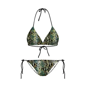 Detail shot of 3D snake skin print bikini set with adjustable side ties and neck straps