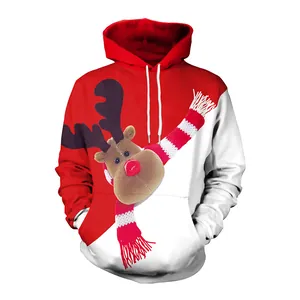 Christmas color block hoodie with 3D reindeer print and front pocket for women and men