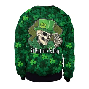Felpa di San Patrizio con quadrifoglio verde, grafica teschio e stampa festiva integrale