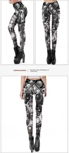 Detailed close-up showing steampunk mechanical gear print on high-waist slim leggings