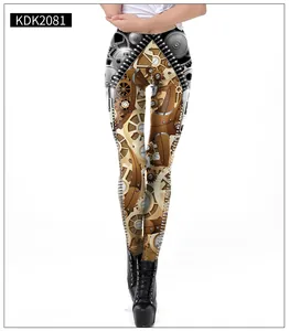 Detail of steampunk mechanical gear print on women's high elastic leggings KDK2081