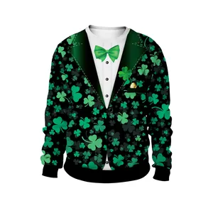 Felpa di San Patrizio con trifogli verdi e stampa smoking, design a girocollo