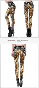 Detailed views of steampunk printed leggings with mechanical gear and zipper patterns