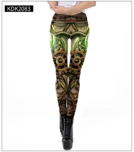 Detail of steampunk leggings with 3D mechanical gear print and industrial design