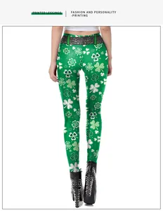 Détail du legging de la Saint-Patrick avec imprimés trèfles verts et taille pailletée