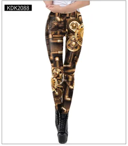 Detail of steampunk 3D mechanical gear print on women's slim fit stretch leggings