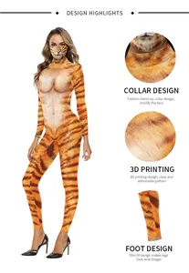 Detail view of the 3D printed tiger skin pattern and stand-up collar on the jumpsuit