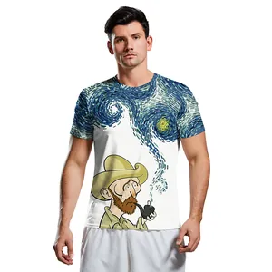 Herren T-Shirt in Weiß mit Van Gogh Starry Night Digitaldruck und kurzen Ärmeln
