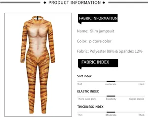 Detail view of the 3D tiger muscle print jumpsuit with high elasticity material specs