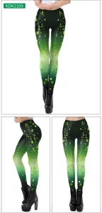 Vue triple du legging de la Saint-Patrick avec trèfles verts et design en dégradé