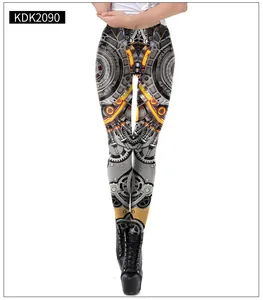 Close-up of steampunk mechanical gear print on high-waist compression leggings for women