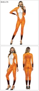 Three-way view of a realistic fox print digital printed bodysuit and matching face mask