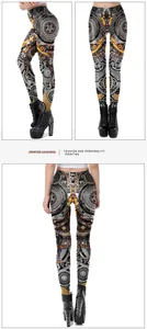 Mechanical steampunk gear printed leggings with high-waist fit and detailed industrial pattern