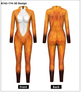 Front and back views of a 3D fox leopard print cosplay bodysuit with long sleeves
