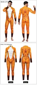 Detailed views of men's fox leopard print bodysuit showing front, back, and 3D perspectives