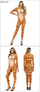 Front and back views of a tiger print jumpsuit with realistic muscle print and matching mask