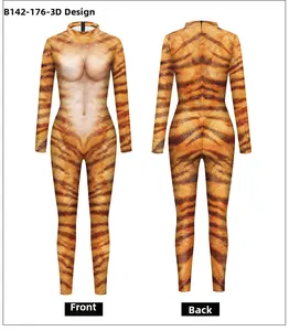Front and back view of long-sleeve tiger print jumpsuit with 3D digital printing